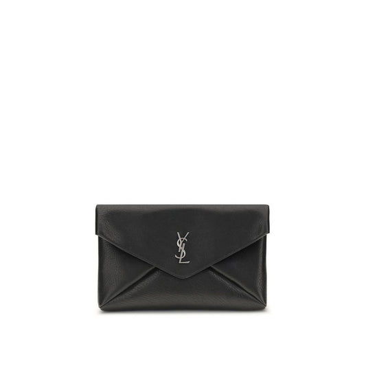 Large Evening Envelope Clutch Handbag by Saint Laurent for unisex in bos taurus calf leather black & silver features a sculptural silhouette with a secure snap, flap, magnetic & button, ample , and versatile for a sculptural finish.