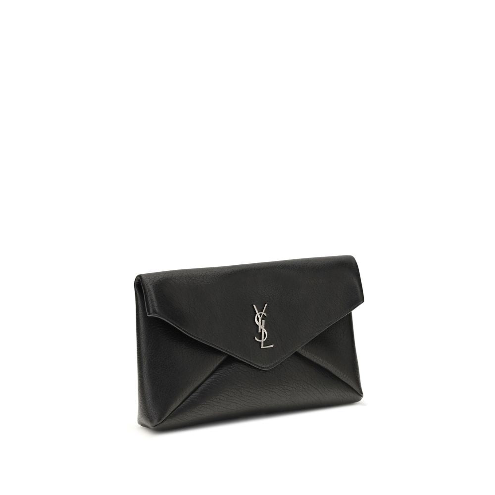Saint Laurent Cassandre Bos Taurus Calf Leather Envelope Clutch Handbag - Black Silver