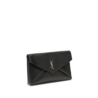 Saint Laurent Cassandre Bos Taurus Calf Leather Envelope Clutch Handbag - Black Silver