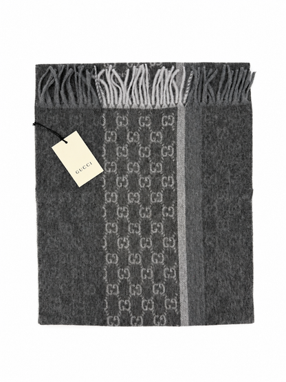 Gucci Monogram Charcoal Grey Cashmere & Wool Scarf with Fringe