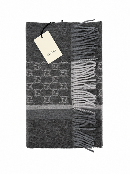 Gucci Monogram Charcoal Grey Cashmere & Wool Scarf with Fringe