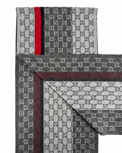 Gucci Monogram Grey Cashmere & Wool Scarf with Red & Black Stripe
