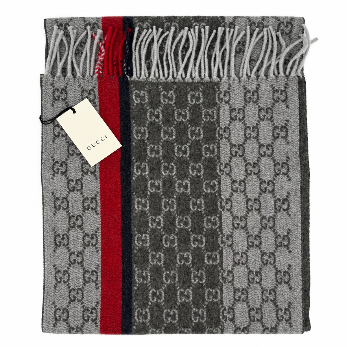 Gucci Monogram Grey Cashmere & Wool Scarf with Red & Black Stripe