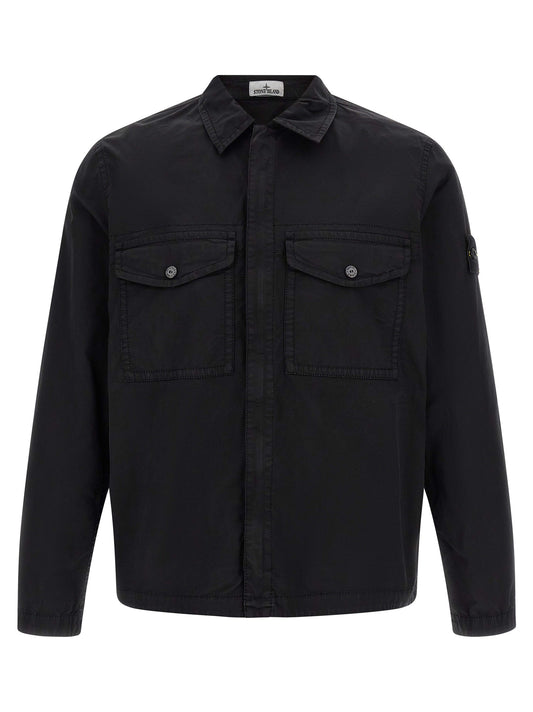Overshirt by Stone Island for men in stretch organic cotton black showcases a sharp silhouette, elegantly detailed with a sharp and sharp long-sleeve.