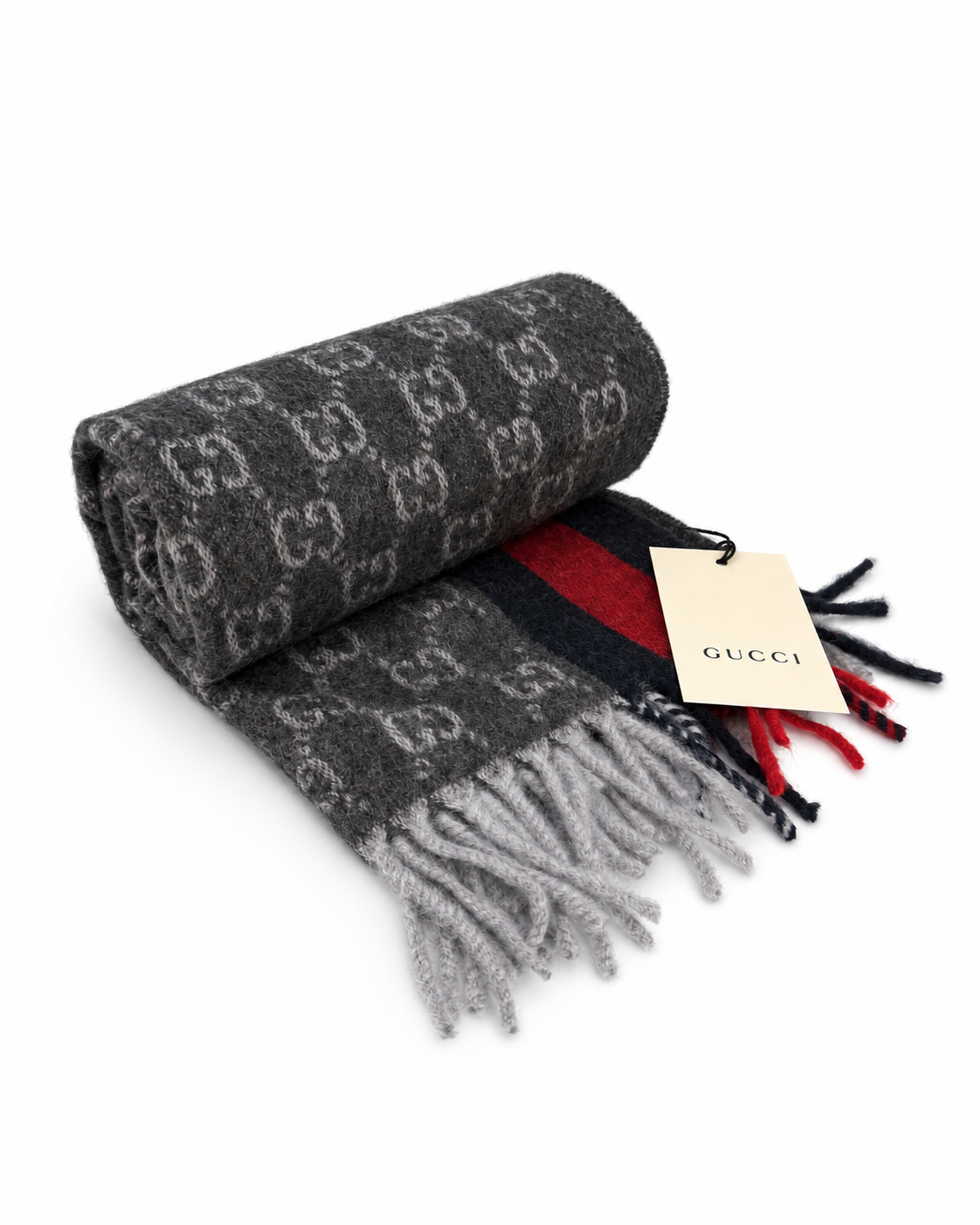 Gucci Monogram Charcoal Grey Cashmere & Wool Scarf with Red & Navy Stripe