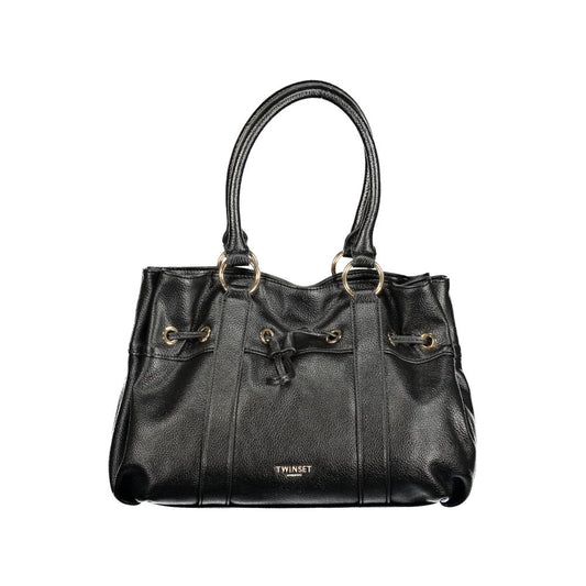 Drawstring Tote Handbag by Twinset for women in polyurethane black features a contemporary silhouette, showcasing a secure snap & drawstring, ample document-holder & internal-pockets, and contemporary shoulder-strap, adjustable-strap & handle for a sophisticated look.