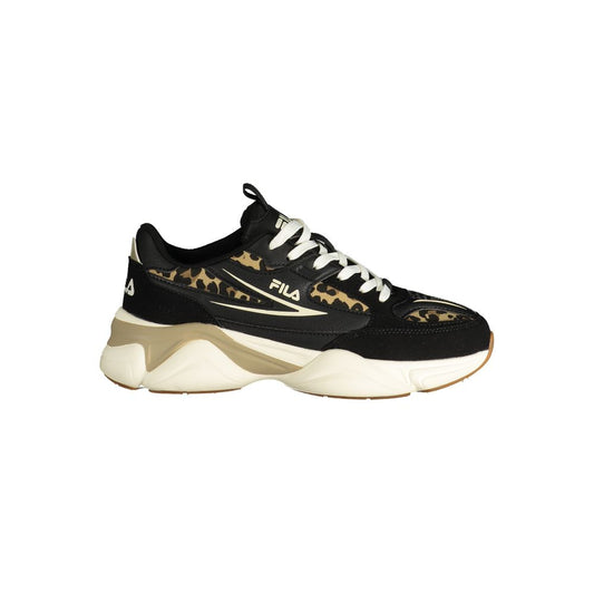 Athletic Sneakers by Fila for women in polyester & polyurethane black & print features an effortless chic silhouette, showcasing the signature athletic style of the Women's Athletic Polyester & Polyurethane Sneakers collection with a truly effortless chic finish.