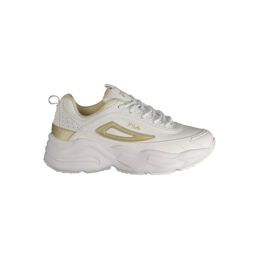 Athletic Sneakers by Fila for women in polyester & polyurethane gold & white features an exquisite silhouette, showcasing the premium athletic style of the Women's Athletic Polyester & Polyurethane Sneakers with an exquisite finish.