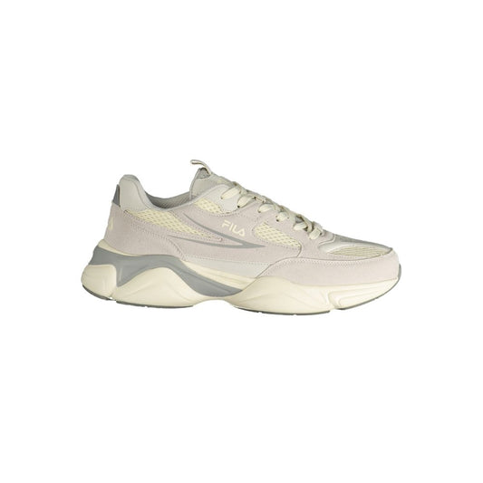 Athletic Sneakers by Fila for men in polyester & polyurethane cream, gray & print presents a sleek silhouette, perfectly capturing the athletic style essence of Men's Athletic Polyester & Polyurethane Sneakers with its sleek design and premium finish.