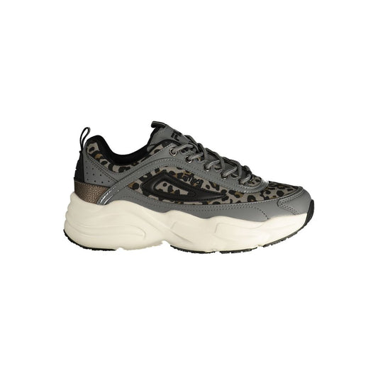 Athletic Sneakers by Fila for women in polyester & polyurethane black, brown, gray & patterned presents a sleek silhouette, perfectly capturing the athletic style essence of Aren Women's Athletic Polyester & Polyurethane Sneakers with its sleek design and premium finish.