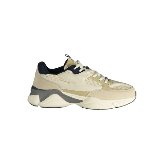 Athletic Sneakers by Fila for men in polyester & polyurethane beige & blue showcases a architectural silhouette, artfully capturing the essence of the Men's Athletic Polyester & Polyurethane Sneakers with its signature architectural athletic style construction.