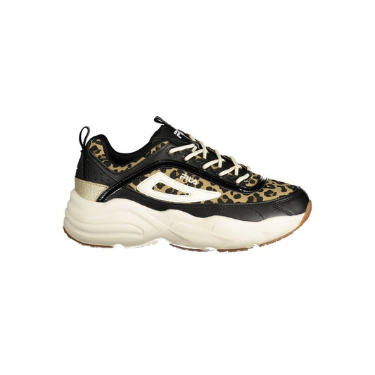 Athletic Sneakers by Fila for women in polyester & polyurethane black, gold, white & print presents a sleek silhouette, perfectly capturing the athletic style essence of Women's Athletic Polyester & Polyurethane Sneakers with its sleek design and premium finish.
