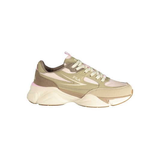 Athletic Sneakers by Fila for women in polyester & polyurethane beige, pink & print showcases a architectural silhouette, artfully capturing the essence of the Women's Athletic Polyester & Polyurethane Sneakers with its signature architectural athletic style construction.