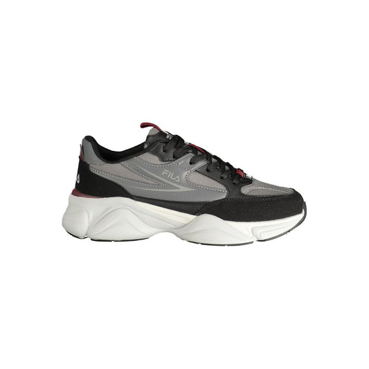 Athletic Sneakers by Fila for women in polyester & polyurethane black, gray & print features an timeless silhouette from the Women's Athletic Polyester & Polyurethane Sneakers collection, showcasing a timeless athletic style for a timeless look.