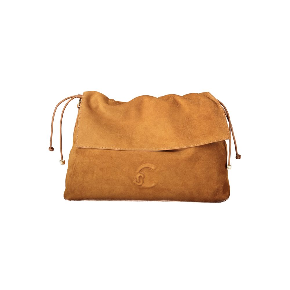 Drawstring Handbag by Coccinelle for women in suede leather brown & print features an refined silhouette, showcasing a secure drawstring, ample document-holder & internal-pockets, and versatile shoulder-strap & adjustable-strap for a sophisticated refined aesthetic.