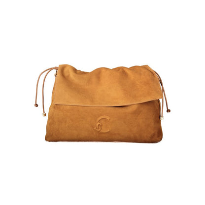 Drawstring Handbag by Coccinelle for women in suede leather brown & print features an refined silhouette, showcasing a secure drawstring, ample document-holder & internal-pockets, and versatile shoulder-strap & adjustable-strap for a sophisticated refined aesthetic.