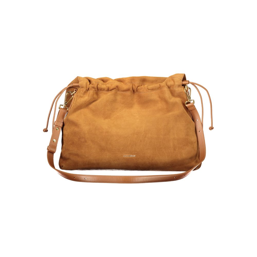 Drawstring Handbag by Coccinelle for women in suede leather brown & print features a signature silhouette, showcasing a secure drawstring and signature document-holder & internal-pockets with versatile shoulder-strap & adjustable-strap for a sophisticated look.