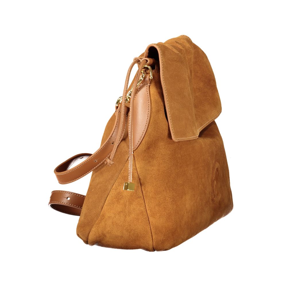 Drawstring Handbag by Coccinelle for women in suede leather brown & print features a contemporary silhouette, showcasing a secure drawstring, ample document-holder & internal-pockets, and contemporary shoulder-strap & adjustable-strap for a sophisticated look.