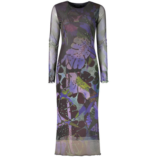 Dress by Desigual for women in polyester purple & patterned showcases a striking silhouette, elegantly detailed with a long-sleeve, refined crew neckline, and a striking long for a striking finish.