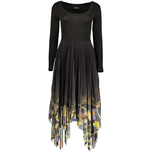 Dress by Desigual for women in polyester black & patterned features an cute silhouette, detailed with a long-sleeve and wide-neck neckline that elegantly flows into a cute long.