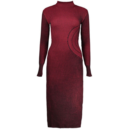 Dress by Desigual for women in polyester red & patterned showcases a striking silhouette, elegantly detailed with a long-sleeve, refined high-neck neckline, and a striking long for a striking finish.