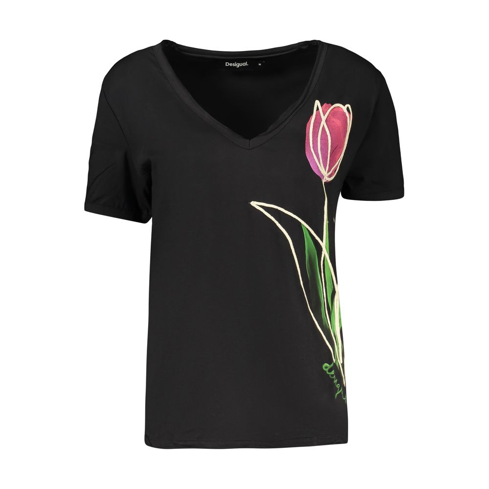 T-Shirt by Desigual for women in cotton black & print showcases a unassuming silhouette, artfully detailed with a refined v-neck neckline and unassuming for a sophisticated, contemporary look.