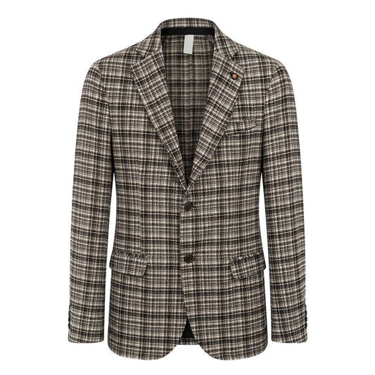 Blazer by Roberto Pepe Luxury for men in stretch polyester cotton beige & checked features an crisp silhouette with sophisticated and a crisp for a truly crisp finish.