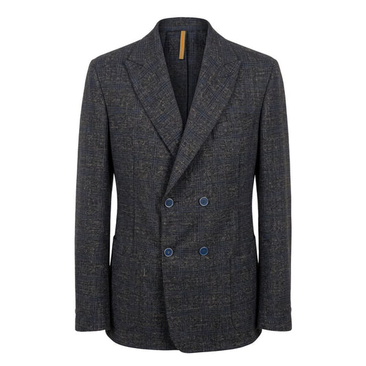 Overcoat by Roberto Pepe Luxury for men in stretch polyester cotton blue, checked & signature presents a luxurious silhouette, showcasing a luxurious and sophisticated pockets for a premium, luxurious look.