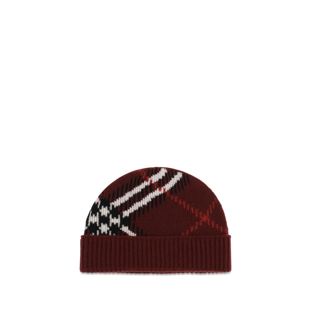 Beanie Hat by Burberry for women in cashmere polyamide & polyester bordeaux, patterned, jacquard & signature presents a sleek silhouette, showcasing the sleek texture and refined craftsmanship of the Cashmere Polyamide & Polyester Beanie Hat collection.