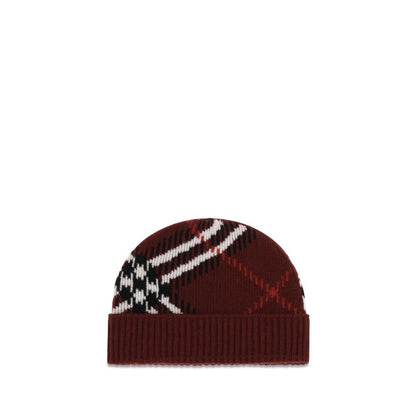 Beanie Hat by Burberry for women in cashmere polyamide & polyester bordeaux, patterned, jacquard & signature features a athleisure-luxe silhouette, artfully capturing the essence of the athleisure-luxe Cashmere Polyamide & Polyester Beanie Hat design for a sophisticated look.