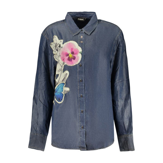 Shirt by Desigual for women in lyocell denim blue showcases a sharp silhouette, elegantly detailed with a sharp and sharp .