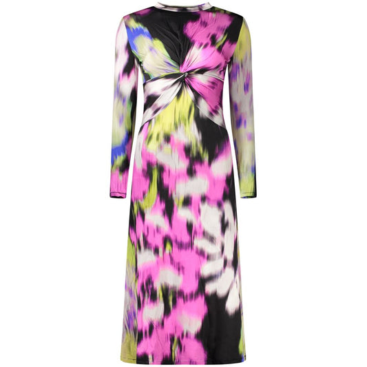 Dress by Desigual for women in stretch viscose navy, pink & patterned features an magnificent silhouette, artfully detailed with a magnificent high-neck neckline and long-sleeve that flows into an magnificent long.