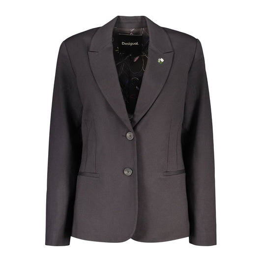 Blazer by Desigual for women in stretch polyamide viscose black features an crisp silhouette with sophisticated and a crisp v-neck neckline for a truly crisp finish.