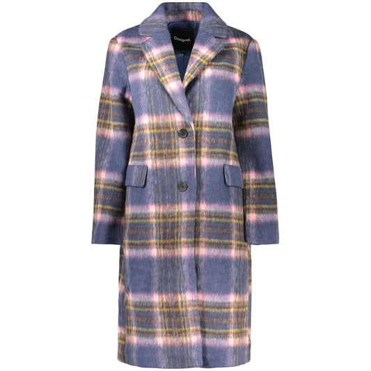 Overcoat by Desigual for women in wool & polyester blue, patterned & checkered features an satoral silhouette, showcasing a sophisticated v-neck neckline and satoral pockets for a premium, timeless look.