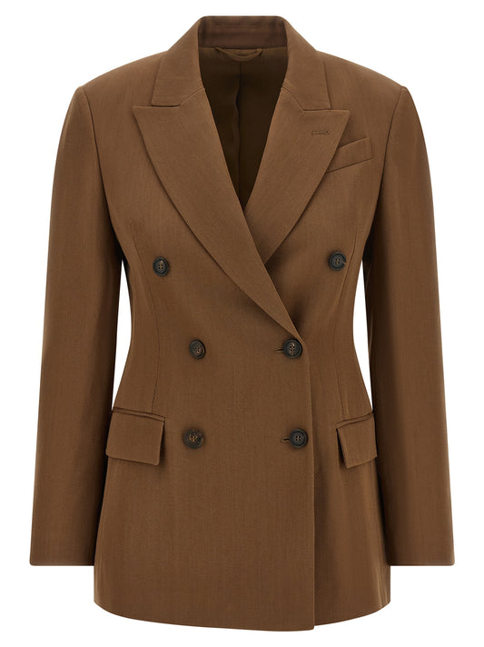 This Blazer by Brunello Cucinelli for women in virgin wool & viscose brown & horn presents a tailored silhouette, meticulously tailored with a tailored and distinctive for a tailored finish.