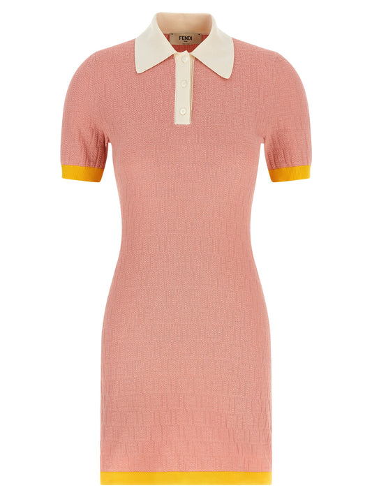 Dress by Fendi for women in silk polyamide & cotton multicolor, pink & jacquard features a dramatic silhouette, showcasing an elegant and that flows into a dramatic short.