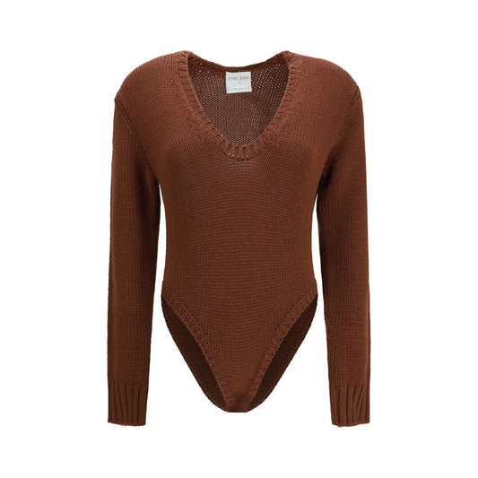 Bodysuit by Forte_Forte for women in virgin wool brown features an exquisite silhouette with a refined v-neck neckline and exquisite detailing.