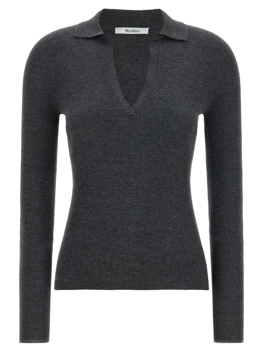 Polo Shirt by Max Mara for women in cashmere dark-gray & gray showcases a sharp silhouette, detailed with a refined v-neck neckline and sharp long-sleeve for a sophisticated finish.