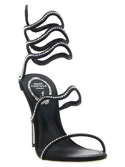RENE CAOVILLA Black Satin Stiletto Heel Sandals