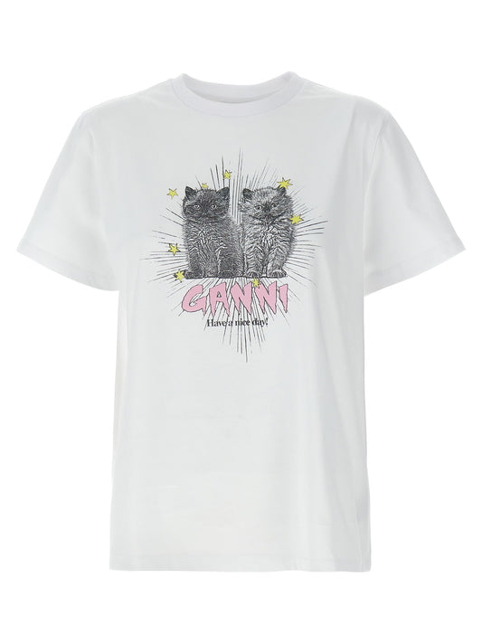 T-Shirt by Ganni for women in organic cotton white & print showcases a chic silhouette, artfully detailed with a chic crew neckline and short-sleeve for a chic finish.