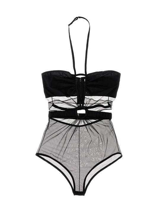 Bodysuit by Nensi Dojaka for women in stretch polyamide black showcases a coveted silhouette, artfully finished with a coveted v-neck neckline and for a coveted look.