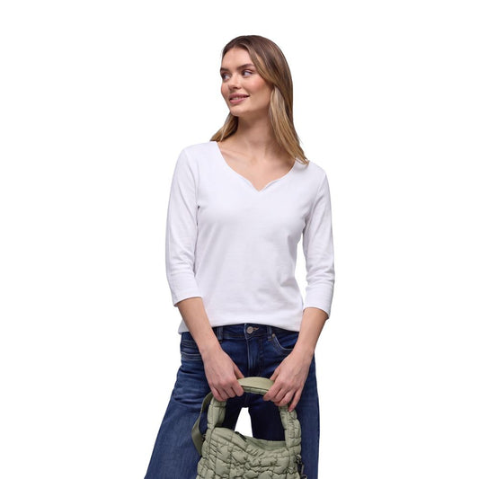 Cardigan by Street One for women in modal & cotton white presents a textural silhouette, artfully finished with a textural sweetheart neckline and three-quarter-sleeve; long-sleeve for a sophisticated, textural look.