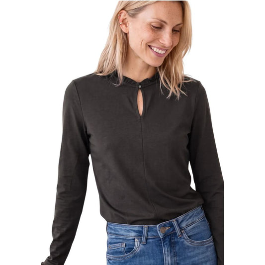 T-Shirt by Street One for women in stretch cotton & modal brown features an on trend silhouette, perfectly showcasing a on trend long-sleeve and keyhole neckline for an elevated aesthetic.
