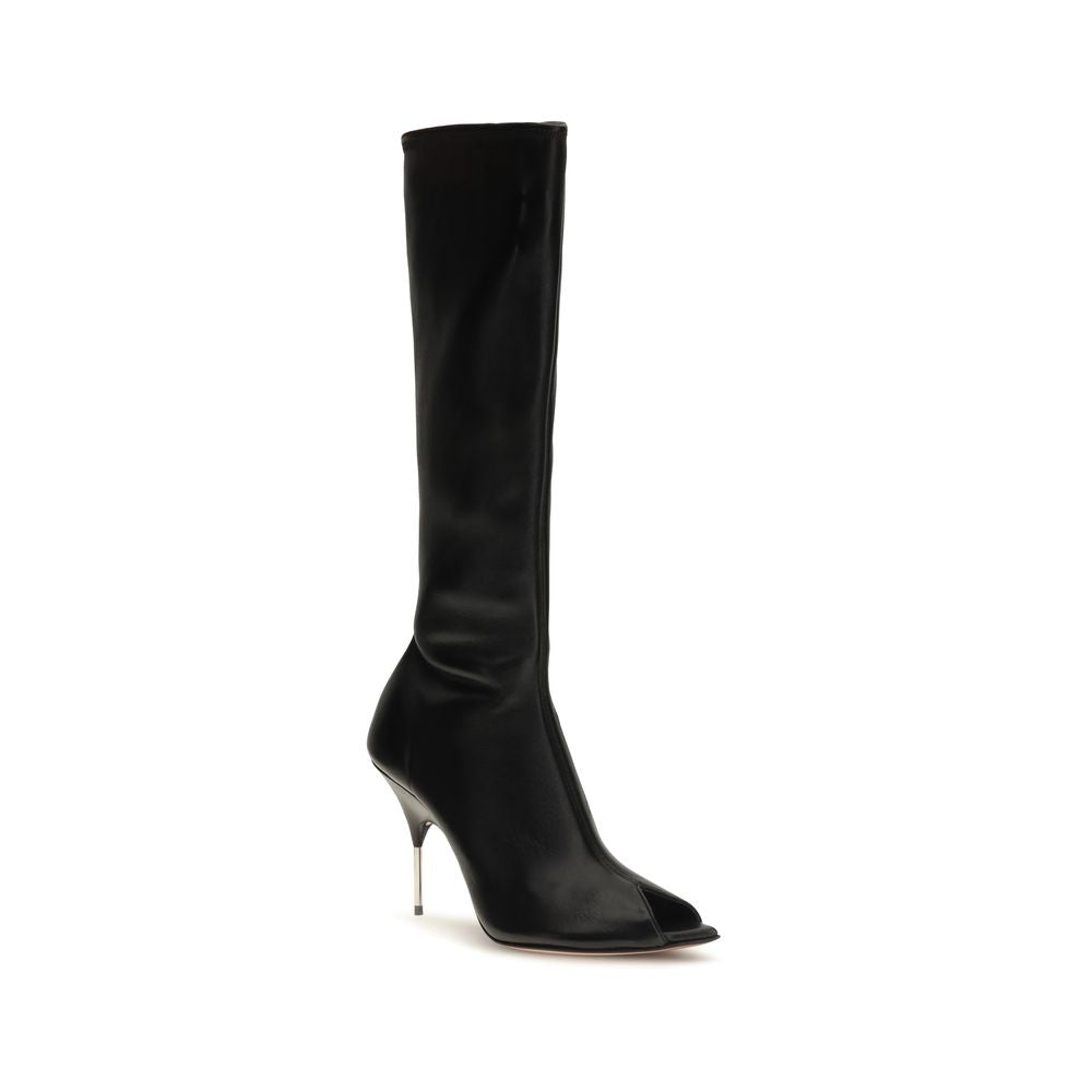 Amina Muaddi Black Napa Leather / Calf Bos Taurus High Heel Boots