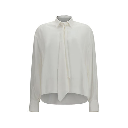 Dress Shirt by Brunello Cucinelli for women in nickel & silk pearl & white features an architectural silhouette with a refined and elegant for a architectural look.