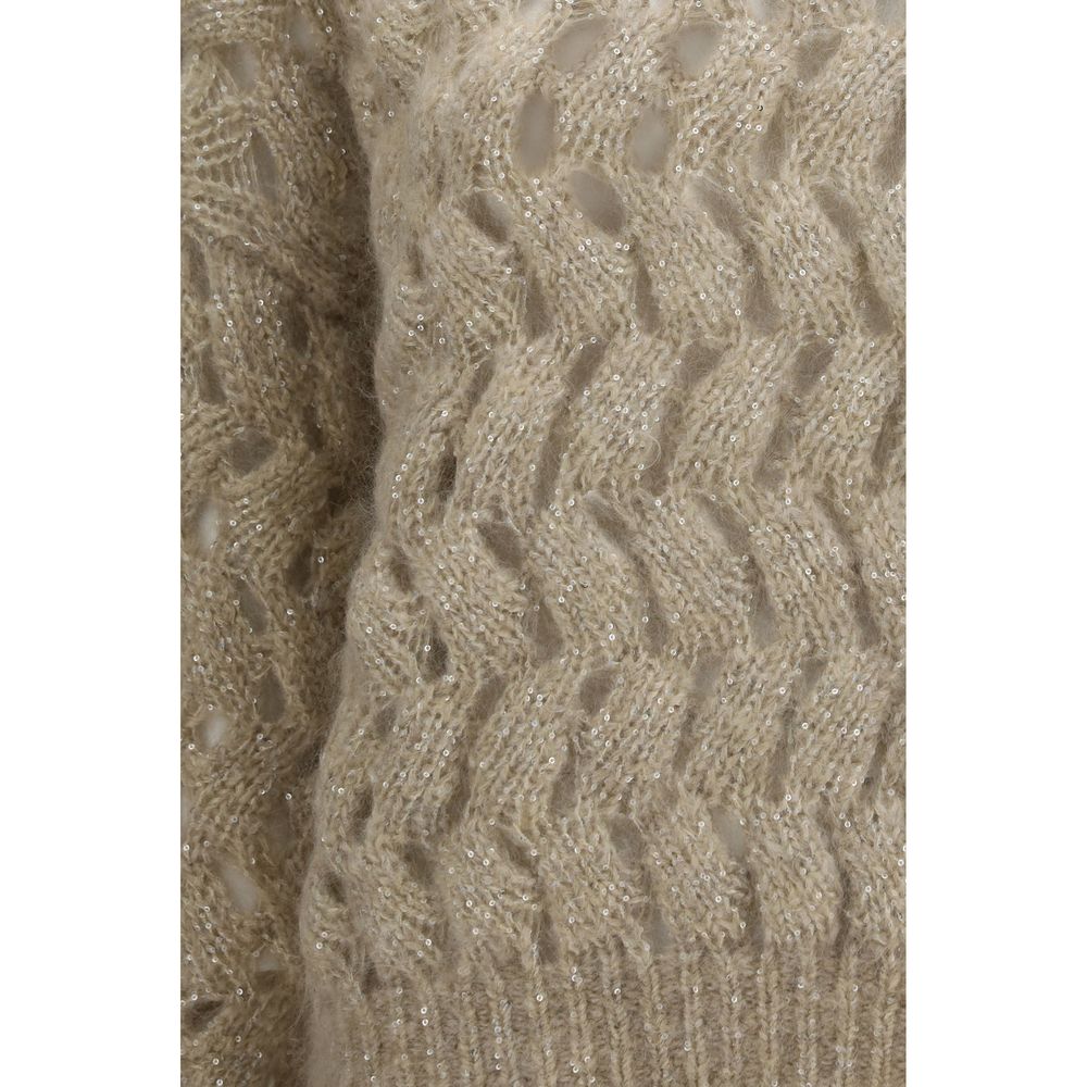 Sweatshirt by Brunello Cucinelli for women in mohair polyester sequins & wool beige & patterned features an provocated silhouette, detailed with a provocated and a refined for a sophisticated aesthetic.