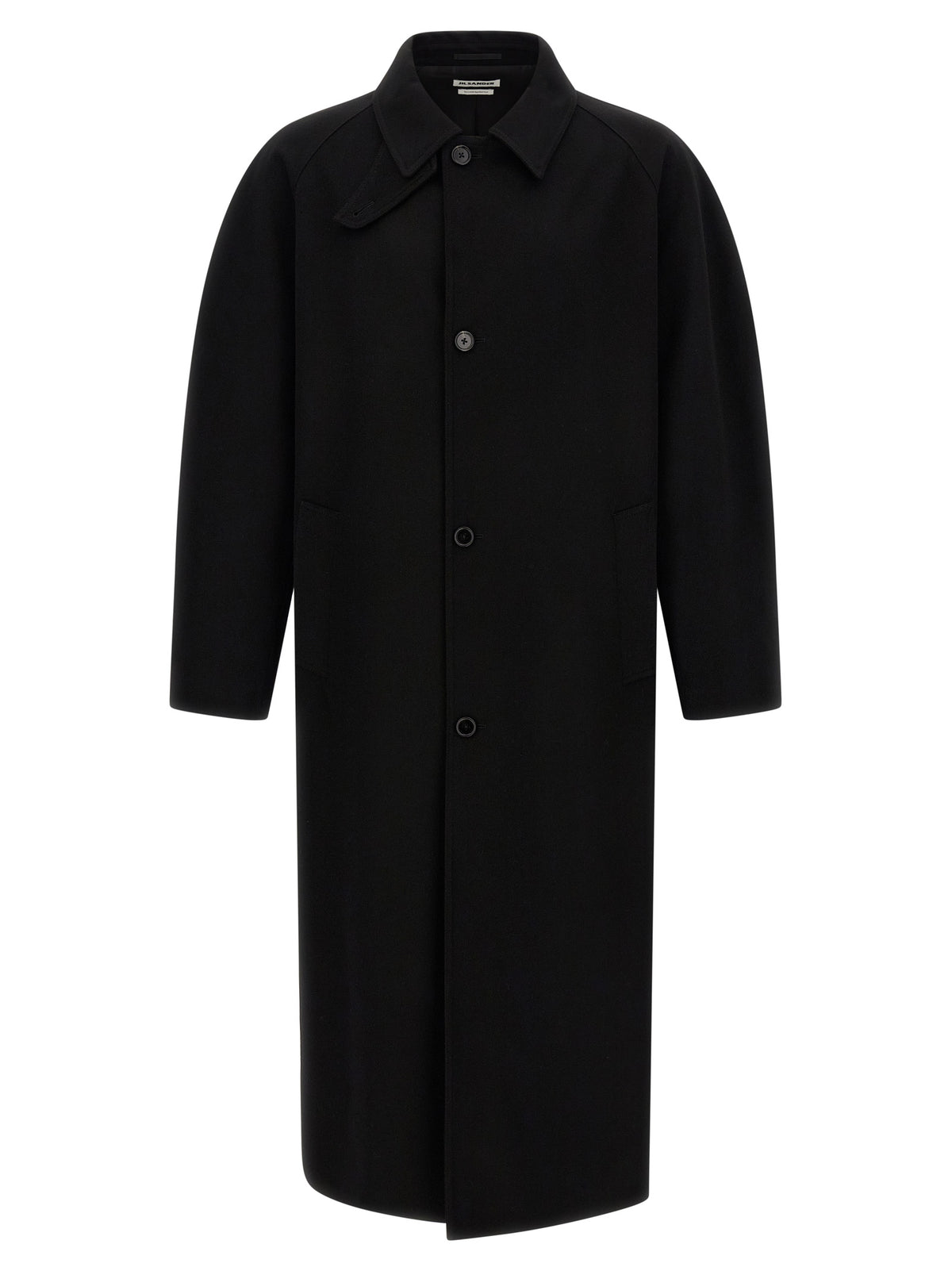 Overcoat by Jil Sander for men in wool black features a contemporary silhouette showcasing a contemporary split neckline and refined pockets for a sophisticated finish.