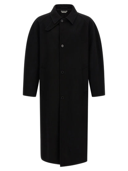 Overcoat by Jil Sander for men in wool black features a contemporary silhouette showcasing a contemporary split neckline and refined pockets for a sophisticated finish.