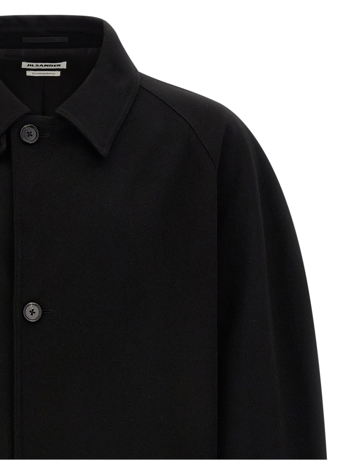 Overcoat by Jil Sander for men in wool black features a contemporary silhouette showcasing a contemporary split neckline and refined pockets for a sophisticated finish.