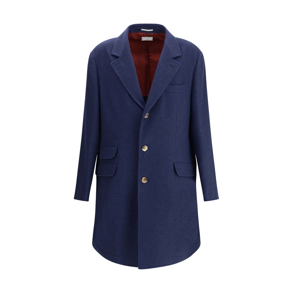 Overcoat by Brunello Cucinelli for men in capra hircus & cashmere blue presents a luxurious silhouette, showcasing a luxurious and sophisticated lightweight & pockets for a premium, luxurious look.
